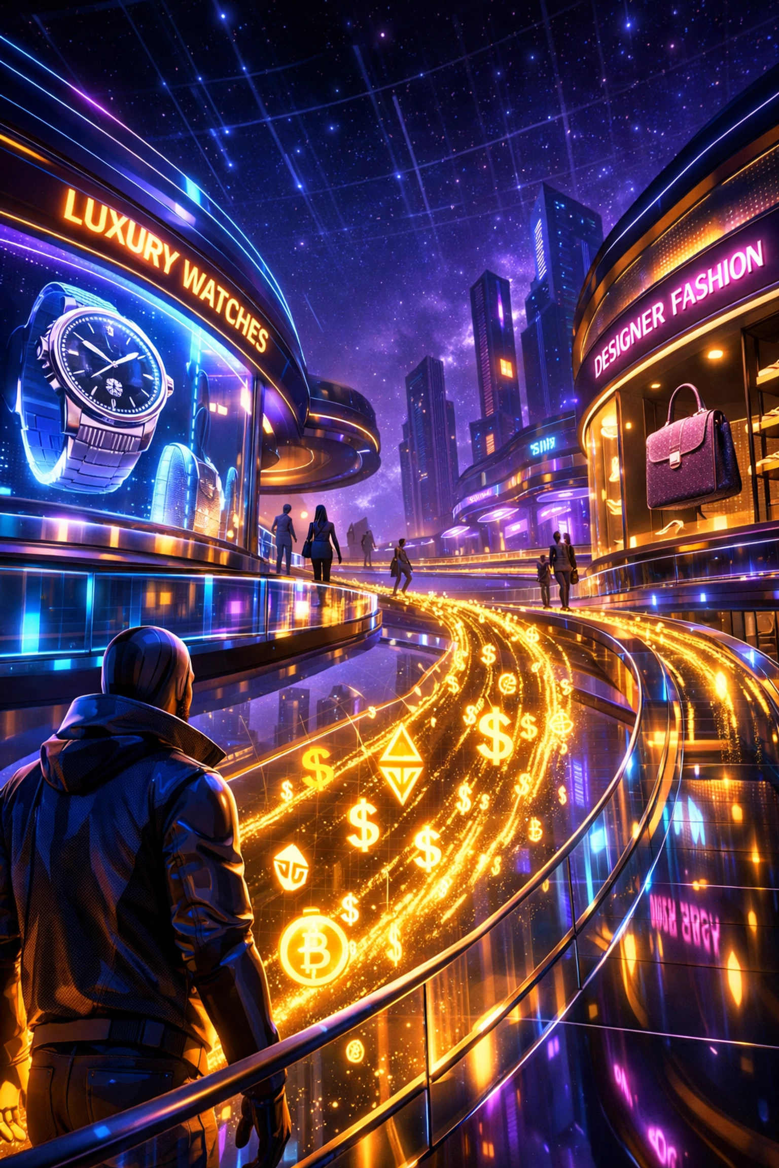 Futuristic metaverse shopping mall with virtual storefronts and crypto payment streams
