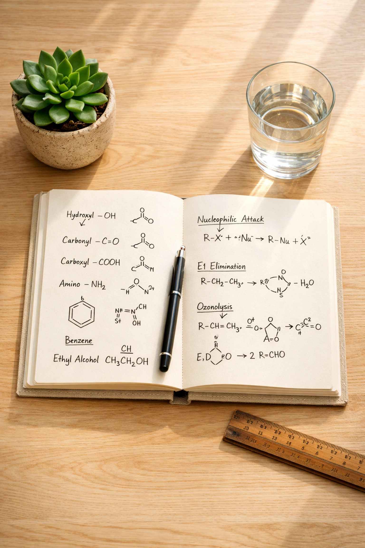 A clean A Level Chemistry study space with hand-drawn molecular diagrams in a revision notebook on a wooden desk.