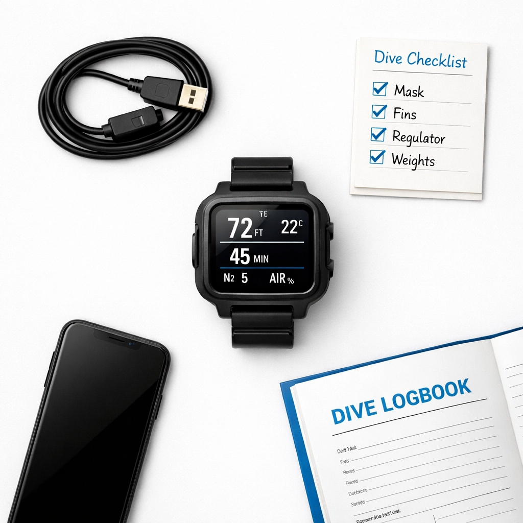 Tauchcomputer Service Vorbereitung mit Zubehör und Checkliste