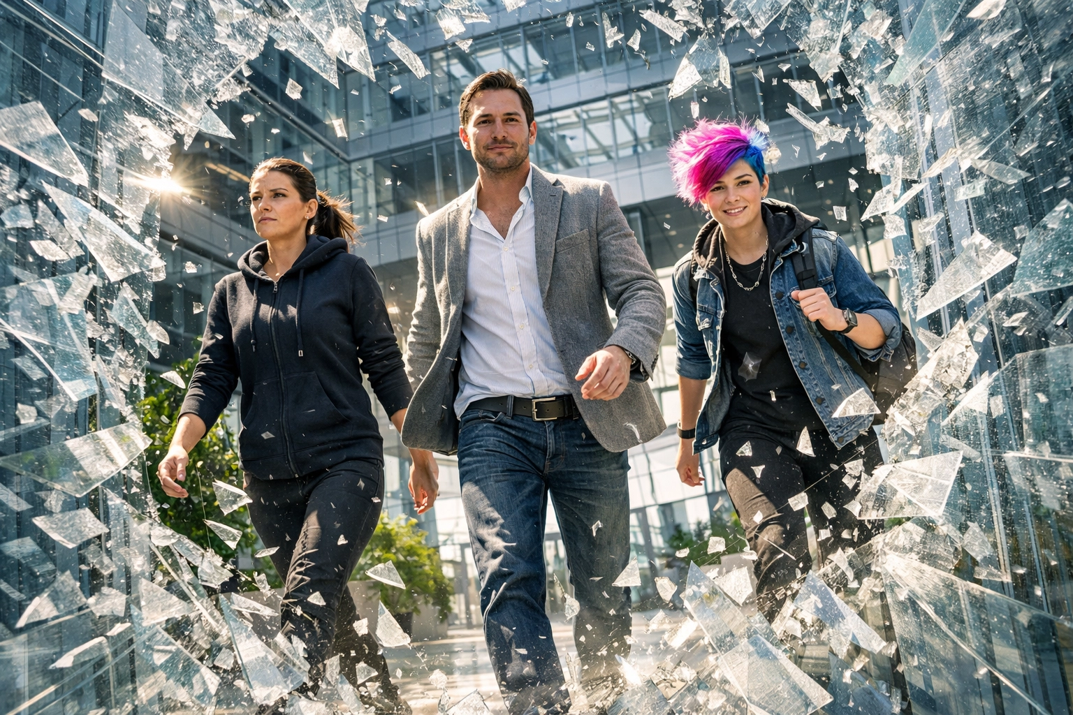 Diverse professionals walking through a shattering glass wall symbolizing the end of degree-based hiring barriers.