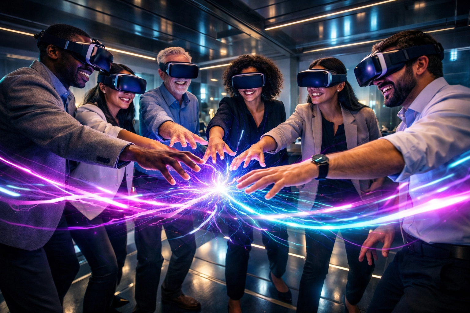 A group of employees in VR headsets collaborating in a virtual reality team building event.