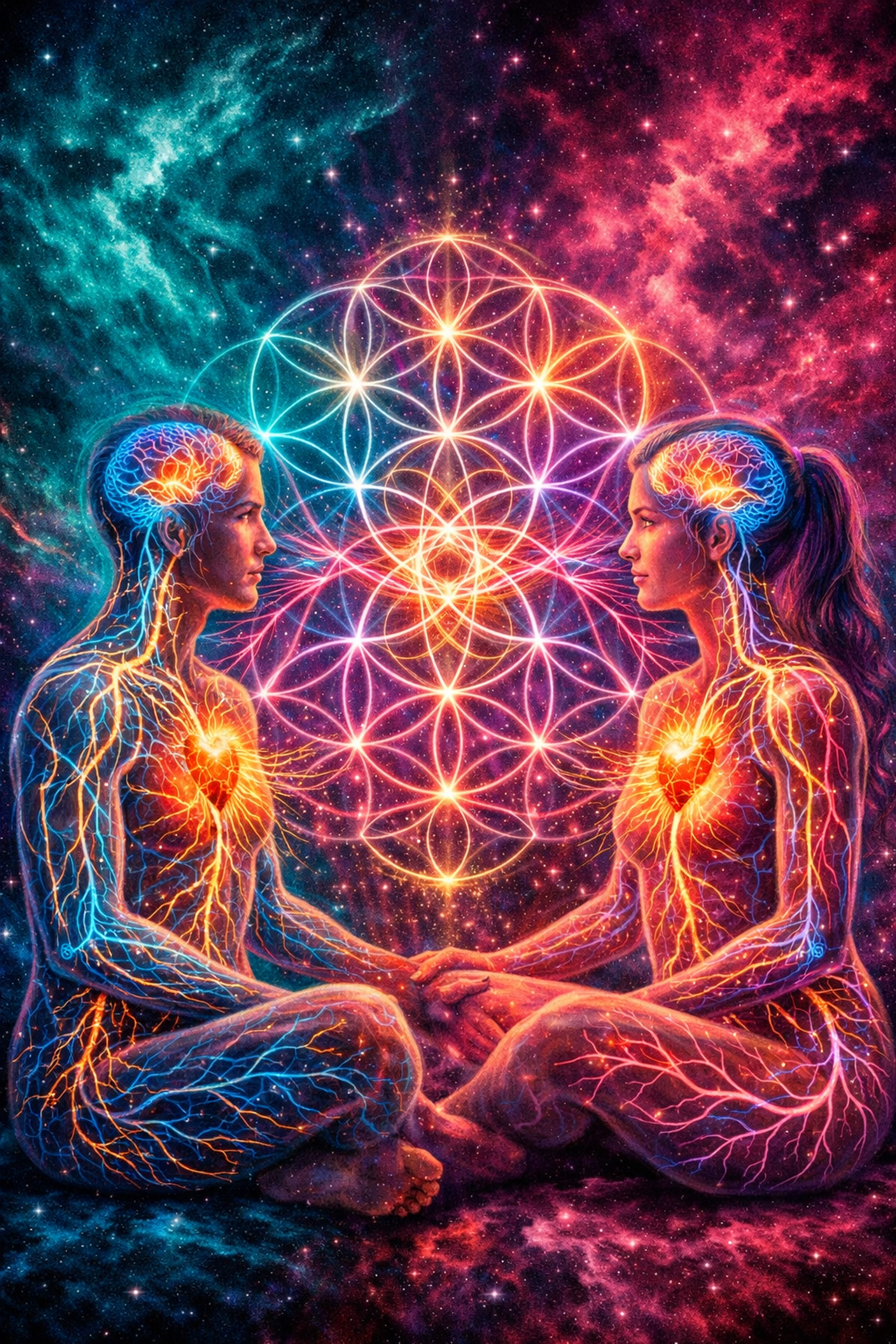Glowing neural pathways connecting two people in a sacred geometry pattern for shared healing.
