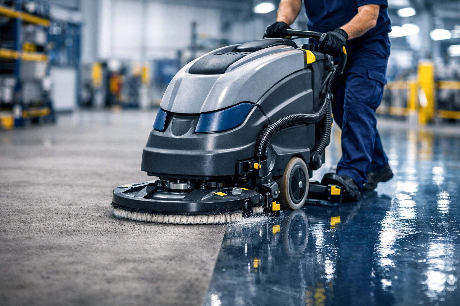 Industrial floor scrubber cleaning a Medford warehouse floor to ensure safety and efficiency.