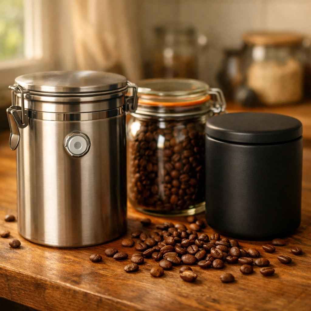 Airtight coffee storage containers with one-way valves and whole coffee beans on wooden counter