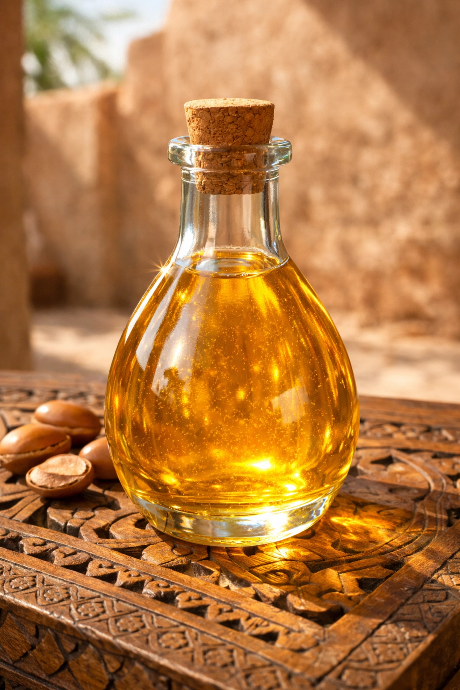 زجاجة زيت أركان مغربي أصلي تظهر لون الذهب السائل وقوامه النقي للبشرة.