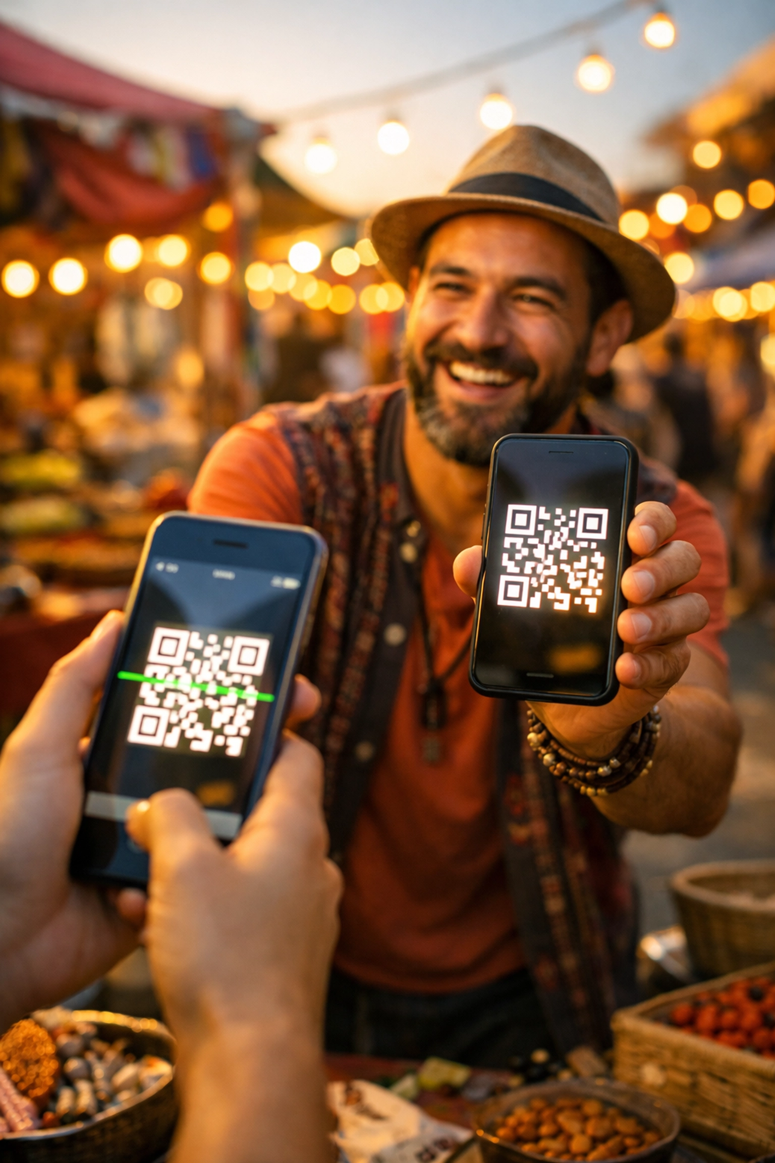 Customer scanning QR code for crypto payment at market using Larecoin hardware-free POS system