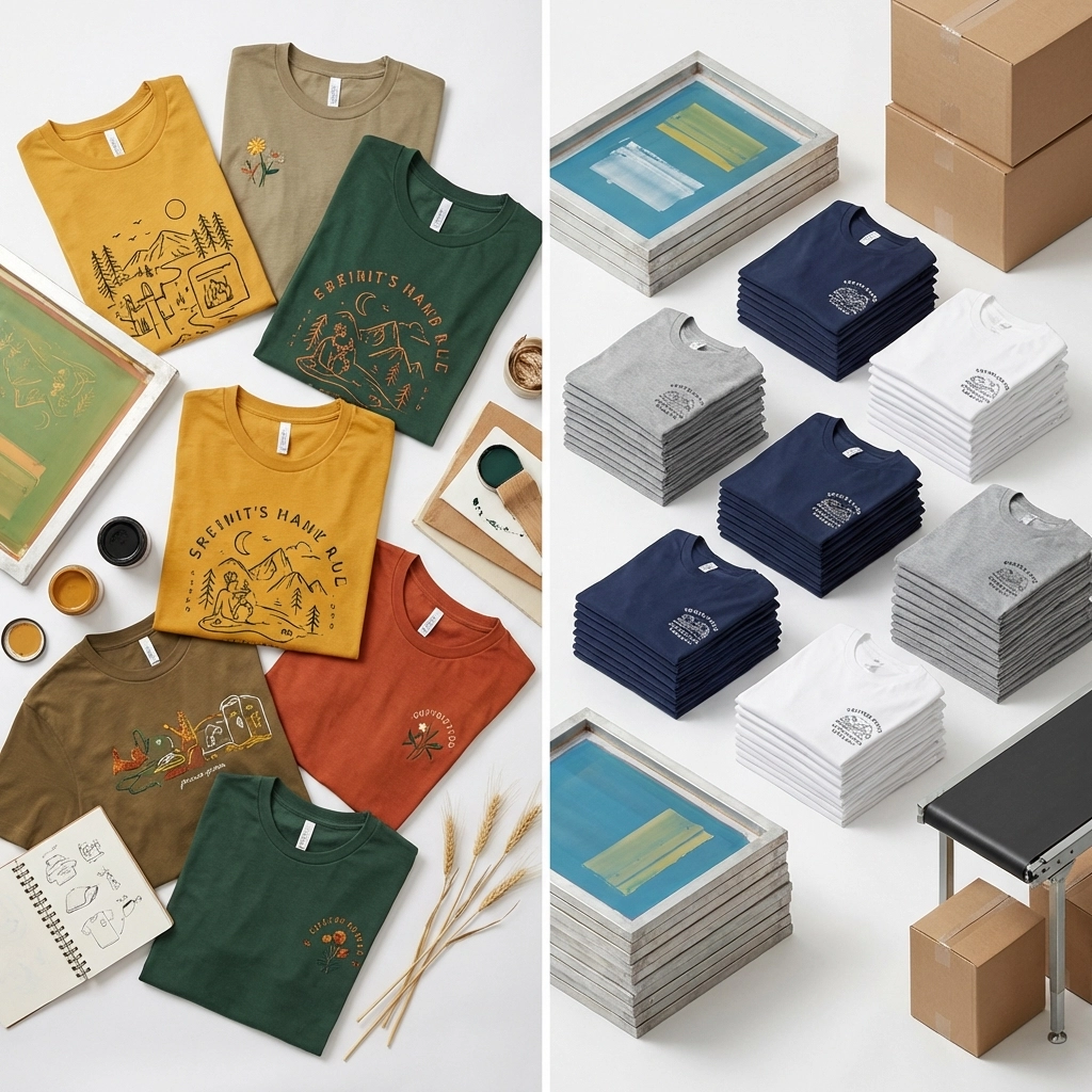 Flat lay photo comparing small-batch unique t-shirts and bulk printed shirts, illustrating custom vs mass production options.