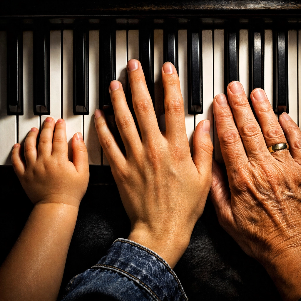 Students of all ages learning piano lessons for kids and adults