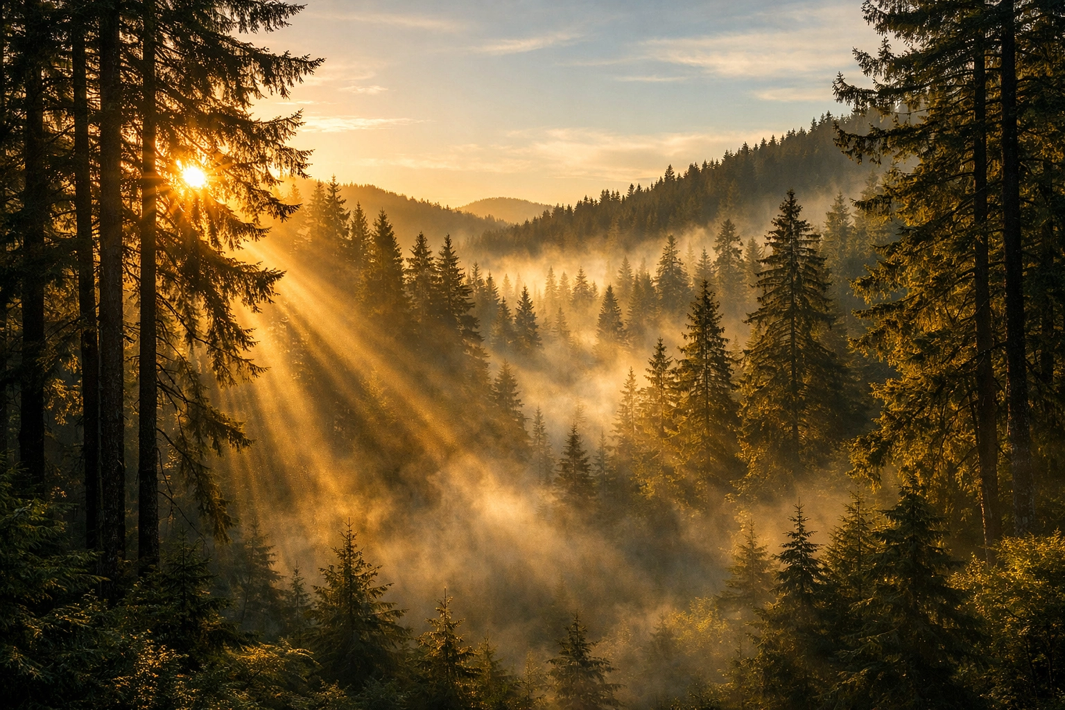 Fine-art forest landscape created using Luminar Neo layers and atmospheric Sunrays AI effects.