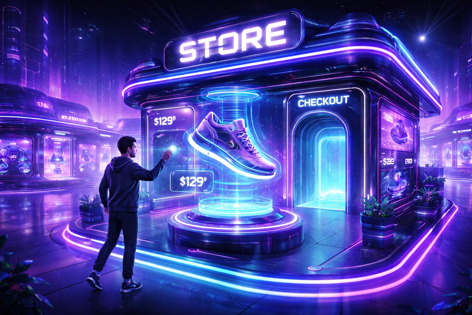 A futuristic metaverse shopping mall with holographic crypto payment displays and digital storefronts, highlighting innovative retail.