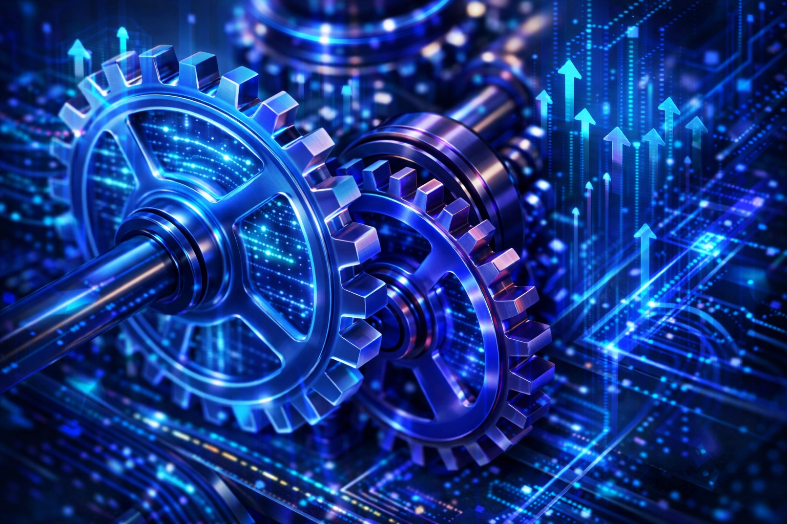 Interlocking digital gears with flowing data, upward movement, and business engine room infrastructure in WOWSuccessTeam blue, purple, and teal palette.