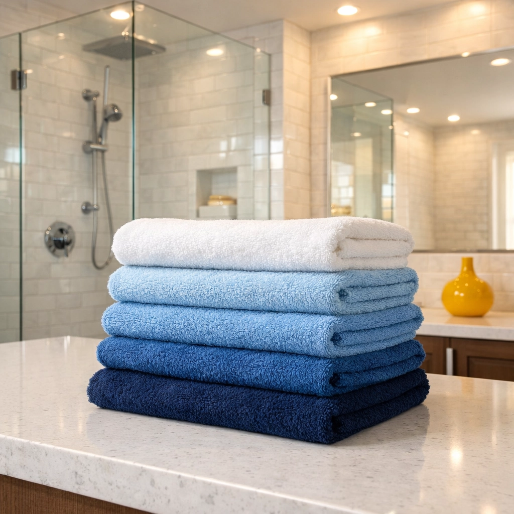 High-quality microfiber cloths used for professional house cleaning Ashby MA in a modern bathroom.