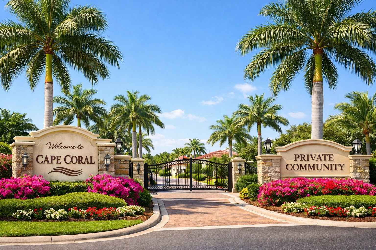 Entrance to a gated community in Cape Coral featuring landscaping maintained by HOA fees.