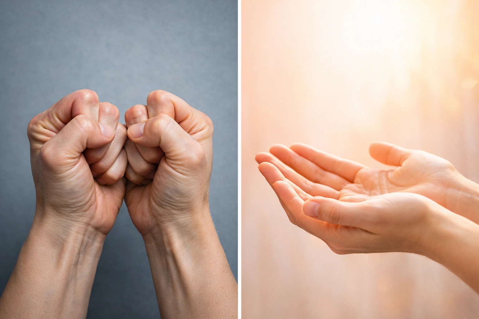 Transformation from tense to relaxed hands showing anxiety relief through hypnosis