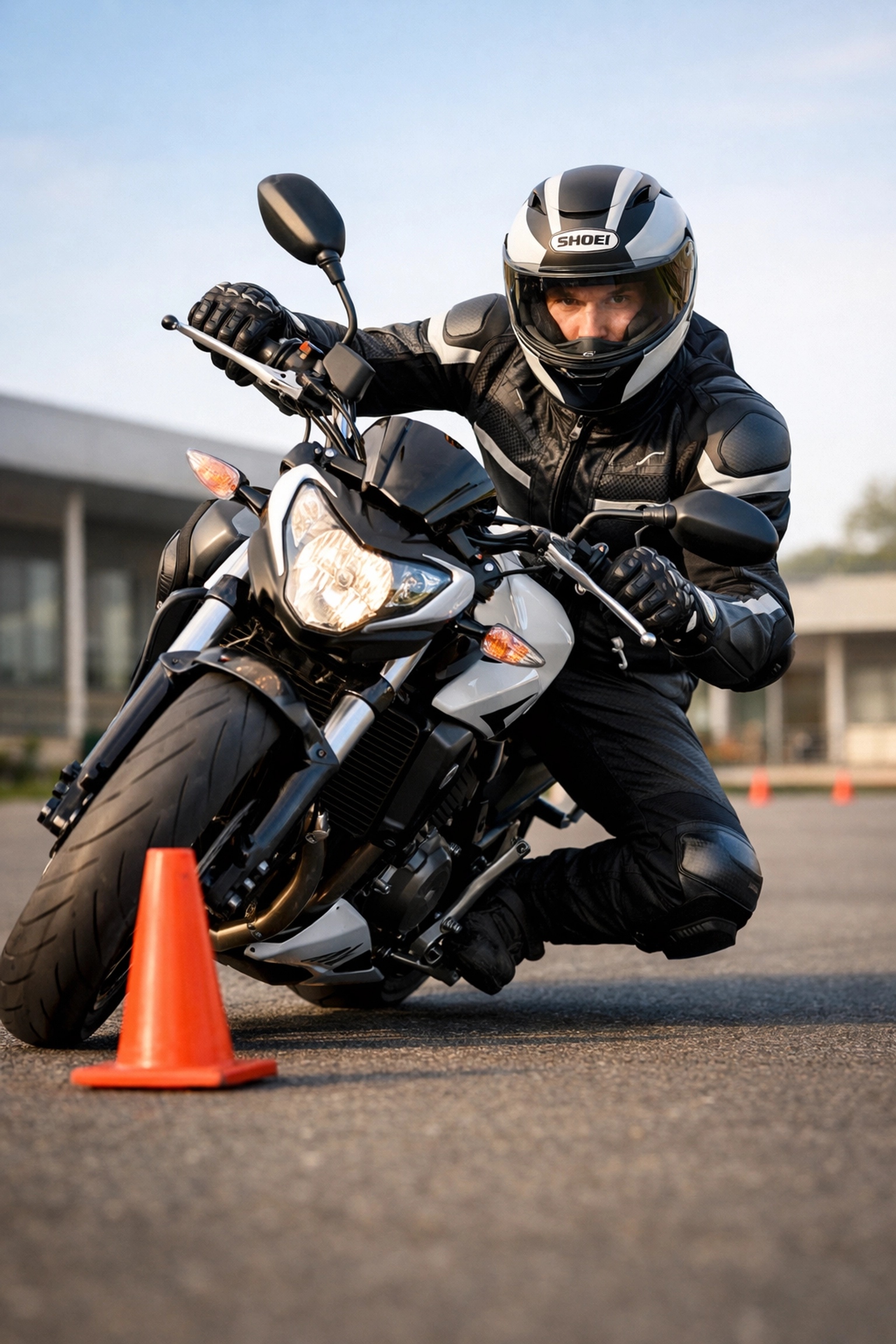 Advanced motorcycle safety training showing a rider performing precise low-speed maneuvers in safety gear.