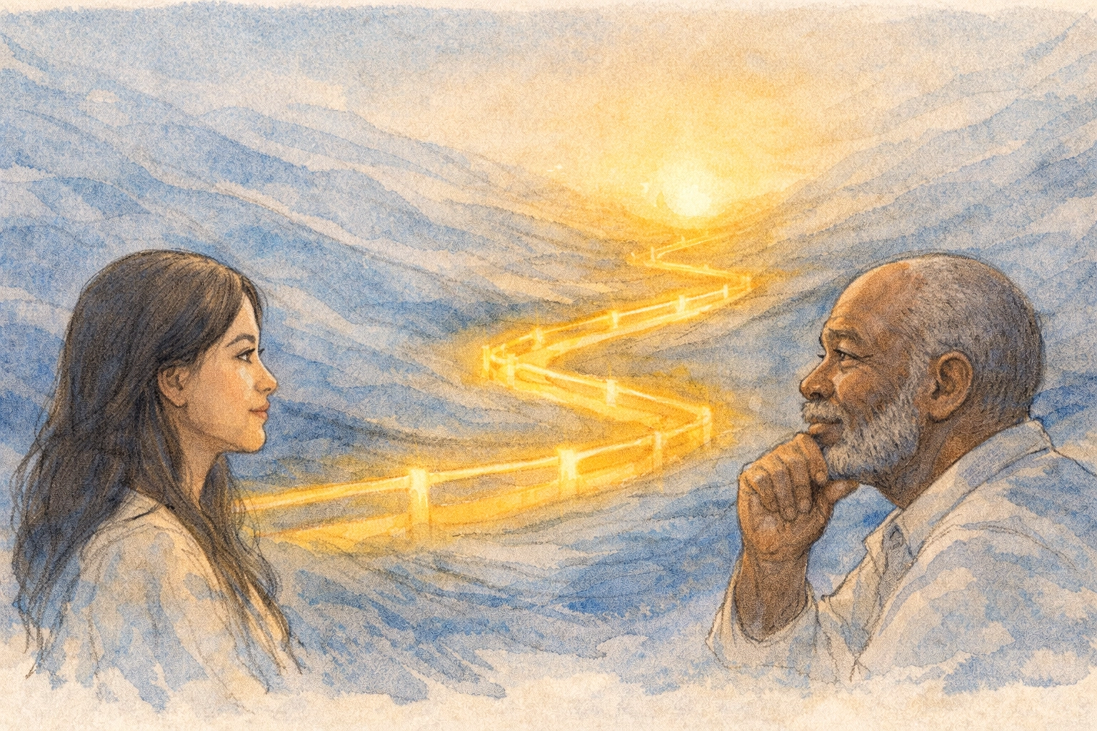 People following a golden path through blue digital waves, illustrating spiritual guardrails for the online church.