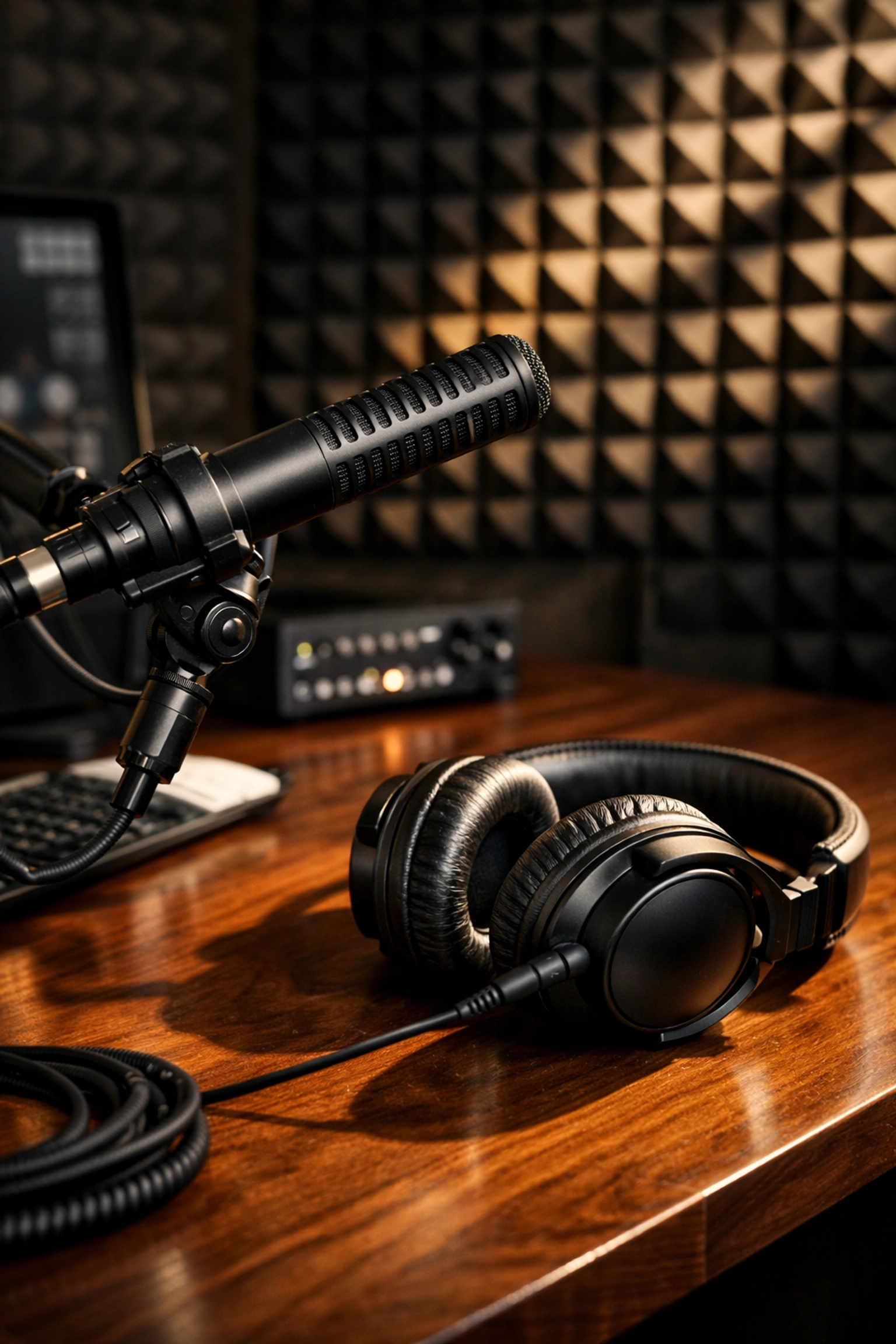 Professional content creation pod featuring studio microphone and acoustic foam for media training.