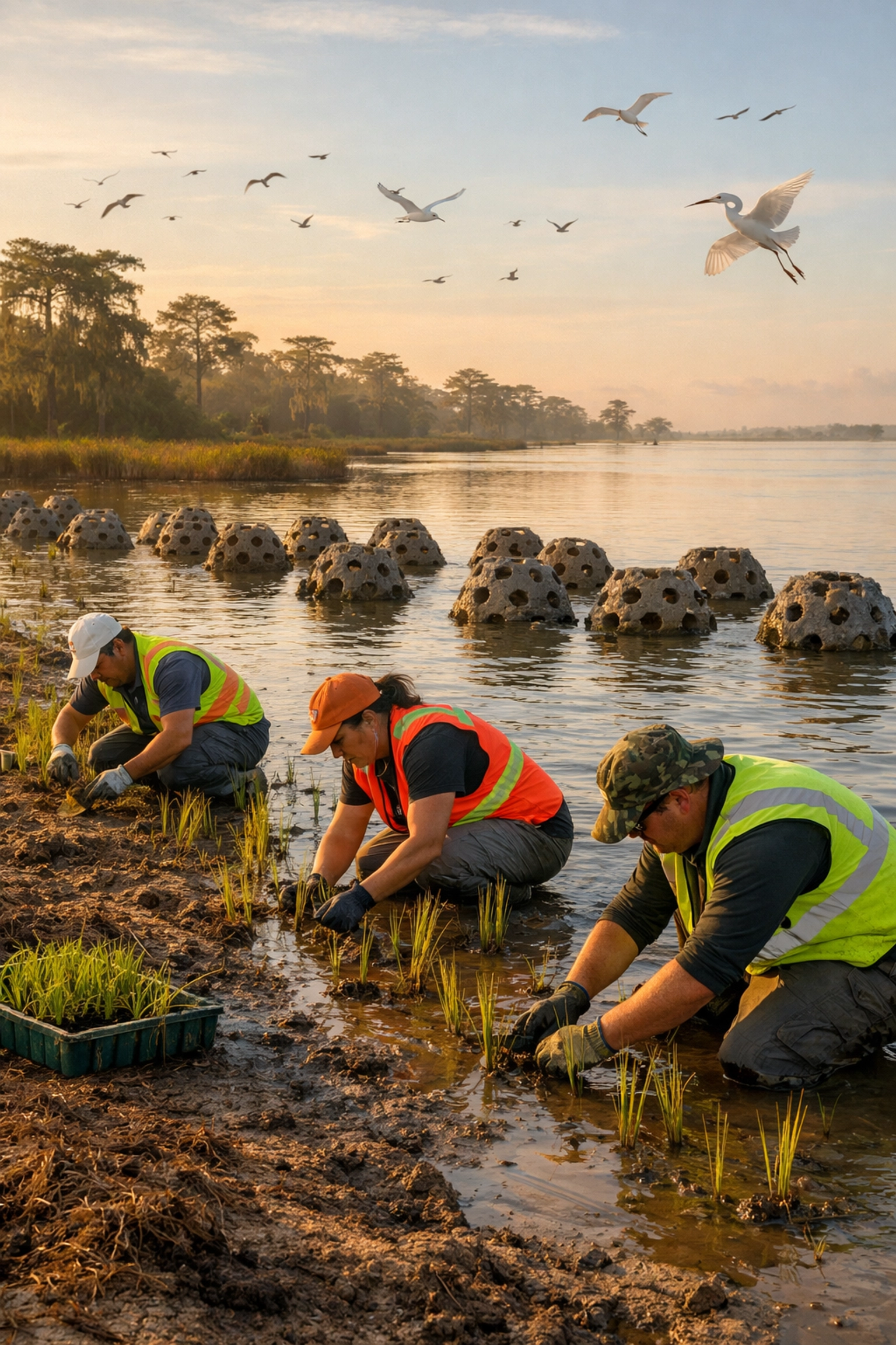 Coastal restoration workers planting marsh grass for wetland conservation and wildlife protection