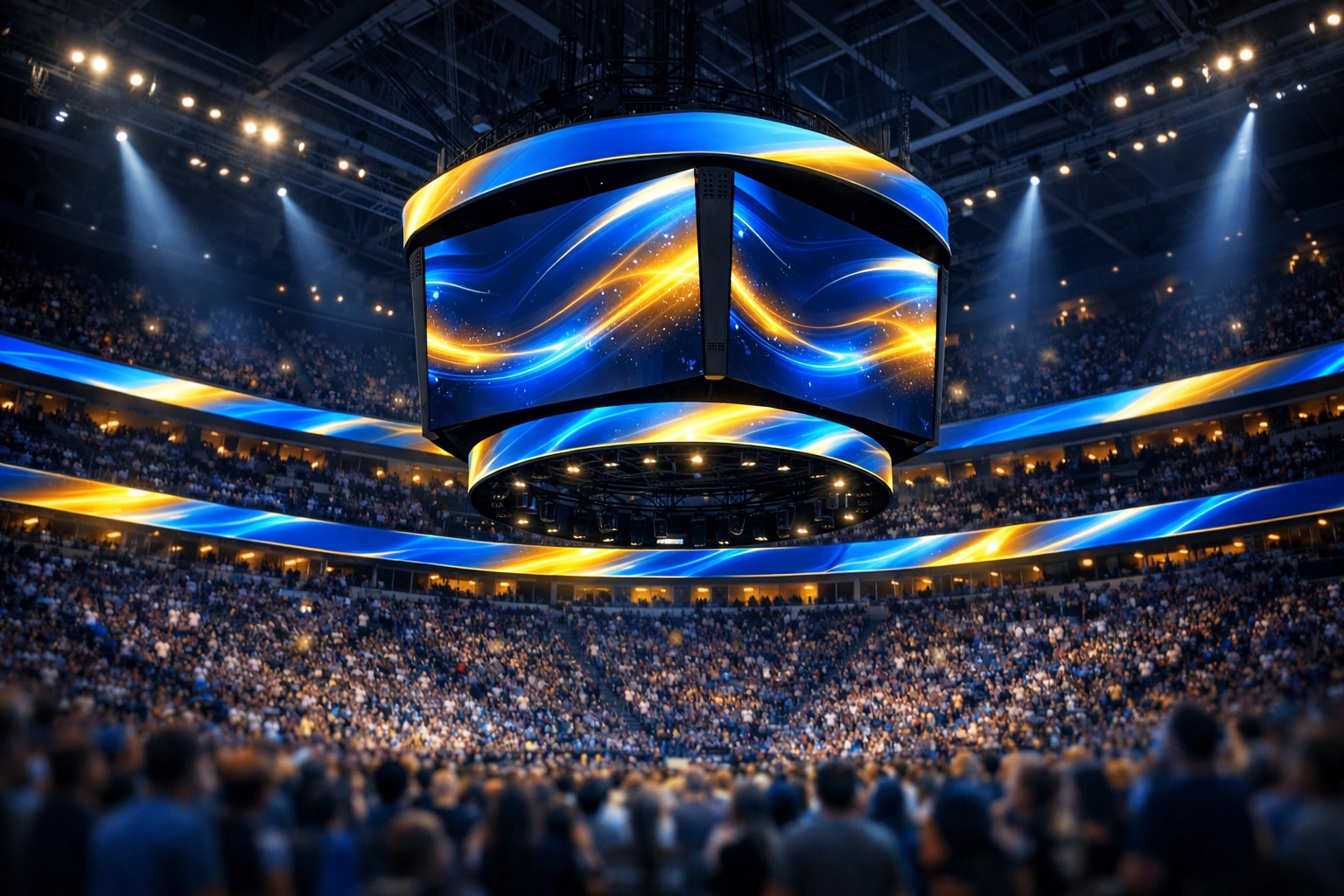 Modern sports arena showing digital signage and smart venue advertising technology by Dakdan Worldwide.