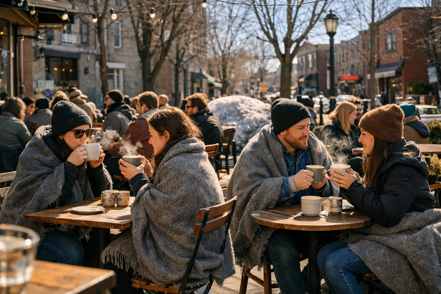 People enjoying lattes on a sunny outdoor terrace in Montreal's Mile End during early spring.