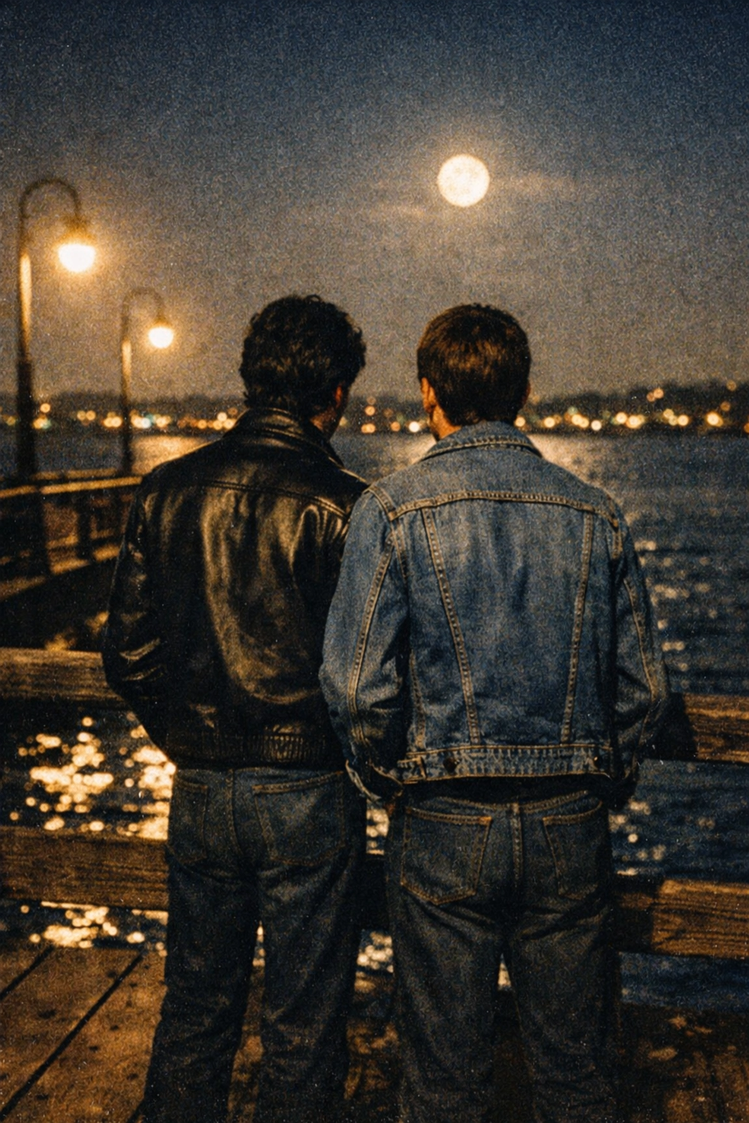 Two gay men on NYC pier at night in 1970s, finding connection and community