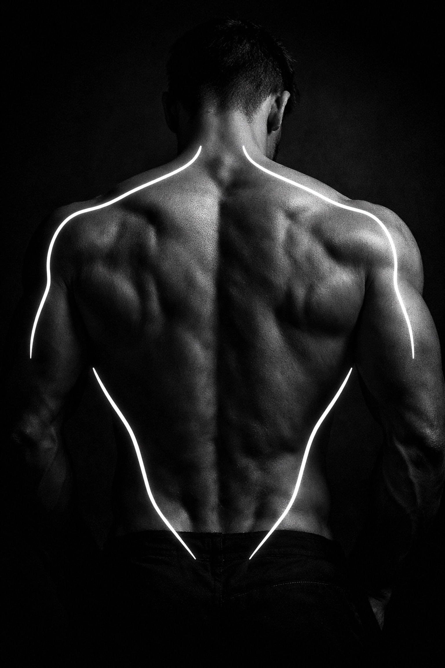 Black and white photo of a man’s muscular back with a white line mapping the male form.