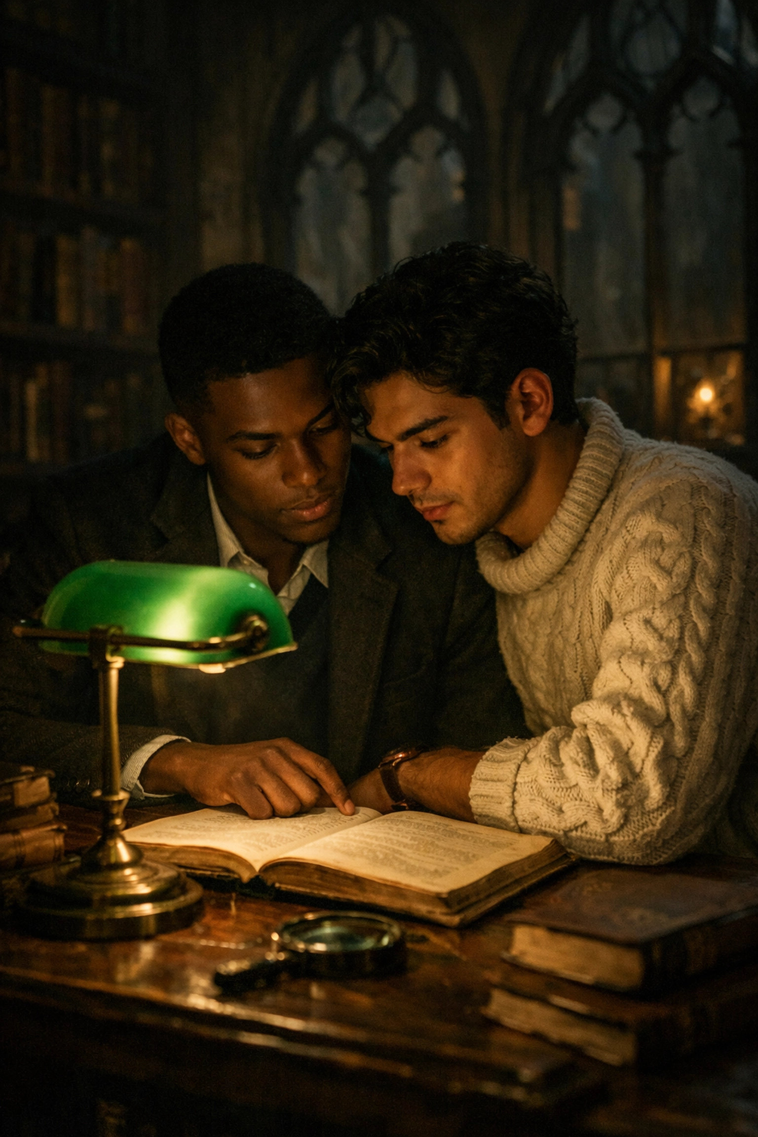 Black and Latino men in a dark academia library, representing intersectional queer voices in university life.