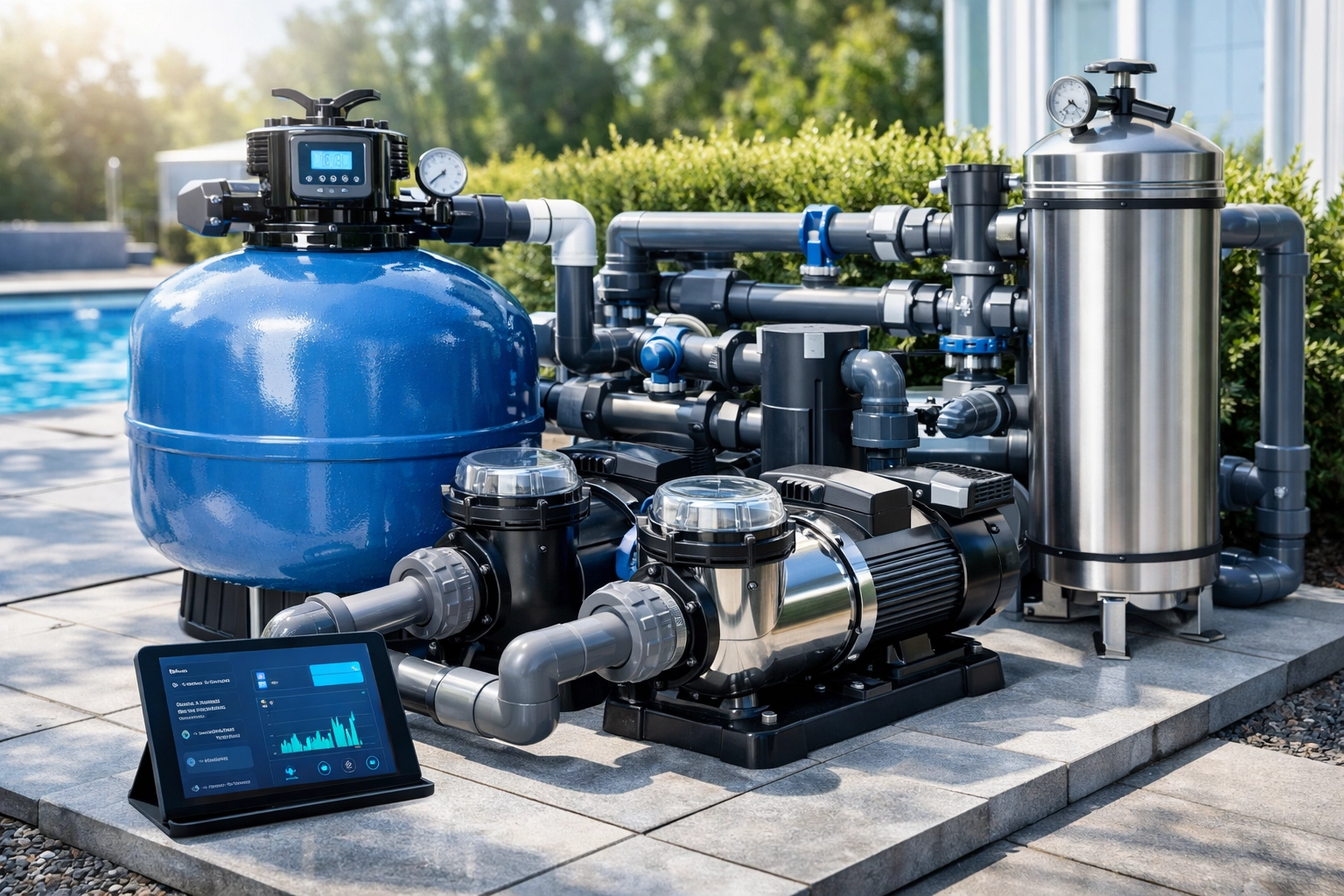 Professional pool equipment maintenance area with digital documentation logs for buyers.