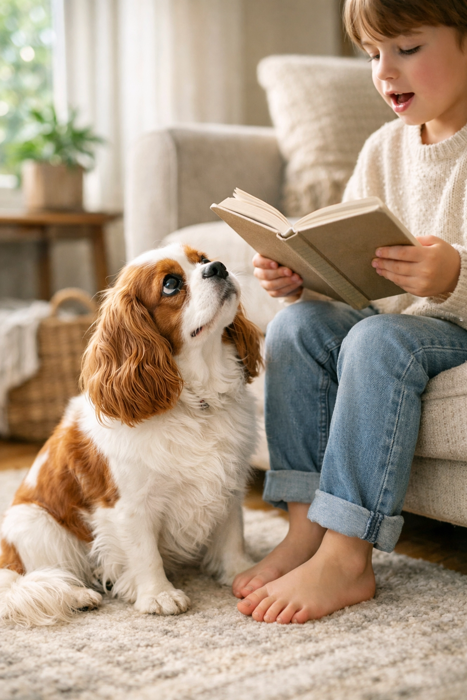 Blenheim Cavalier King Charles Spaniel sitting calmly with a child in a Portland home, showing therapy-quality temperament.