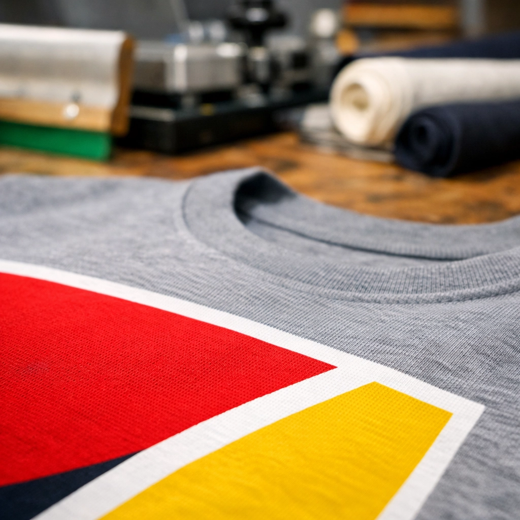 Close-up of high-quality printed movie merchandise UK t-shirt fabric on a workshop bench.
