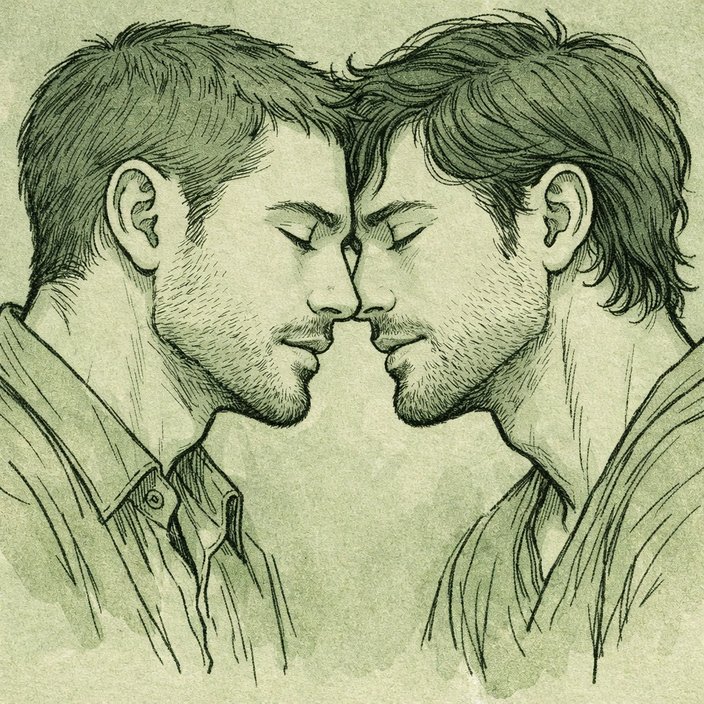 Two men share breath before first kiss in intimate MM romance scene