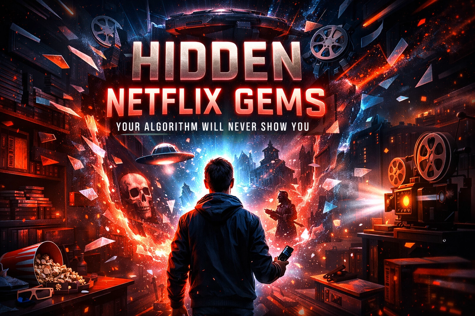 Hidden Netflix Gems banner featuring a lone viewer facing a glowing cinematic screen, surrounded by dramatic red lighting, film reels, and explosive visual effects symbolizing discovery beyond the algorithm.
