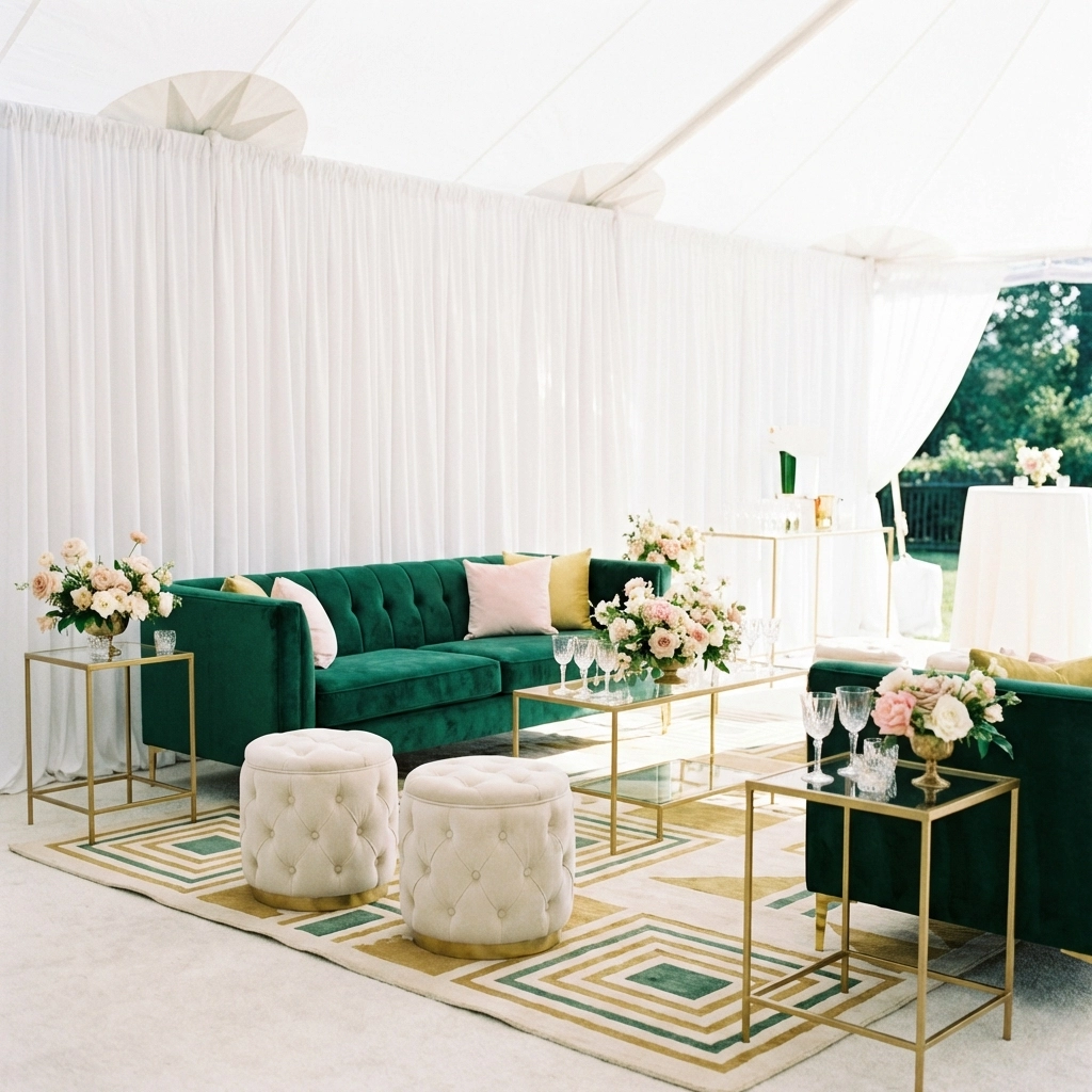 Luxury event lounge setup inside a tent with emerald green sofa, gold tables, and floral decor