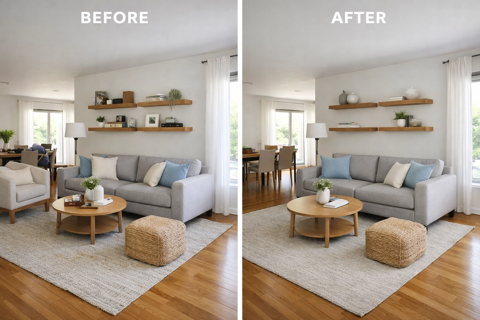 Decluttered and staged living room with neutral decor ready for home buyers Decluttered and staged living room with neutral decor ready for home buyers