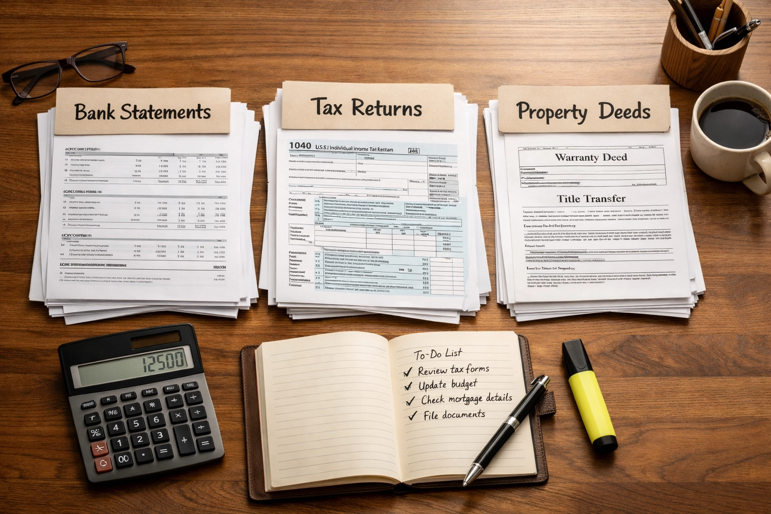 Financial documents and calculator for Spotsylvania divorce property division planning