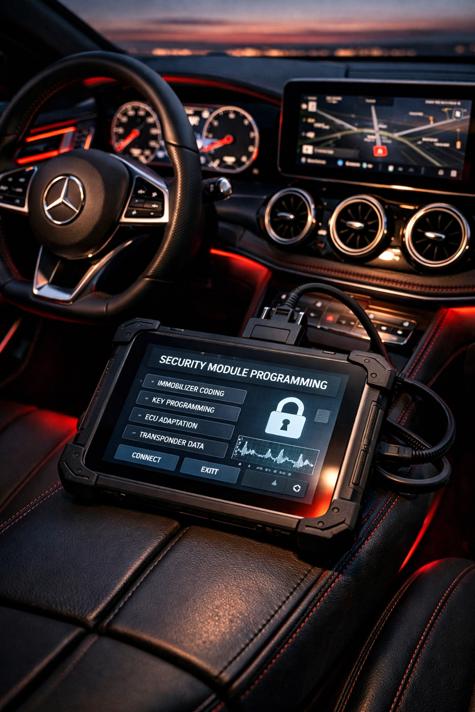 High-tech Mercedes-Benz key programming and module diagnostics performed by an auto locksmith.