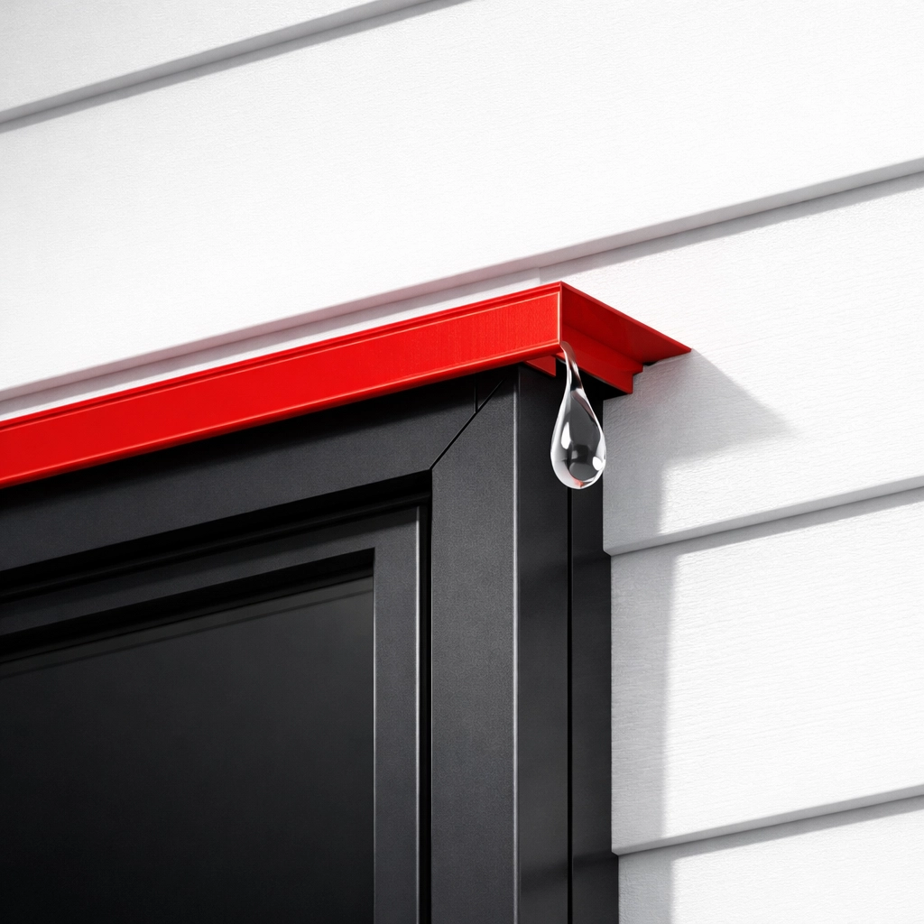 Red metal drip cap flashing above a window to prevent moisture damage and wood rot in Chattanooga TN.