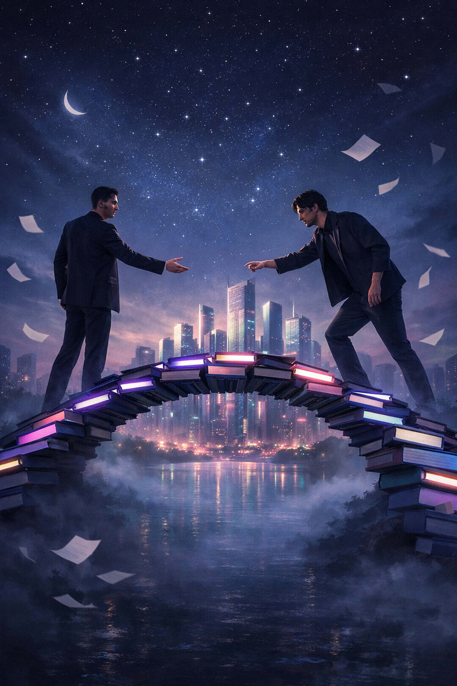 Two men on a bridge of glowing books overlooking a futuristic city, symbolizing queer visions of the future.
