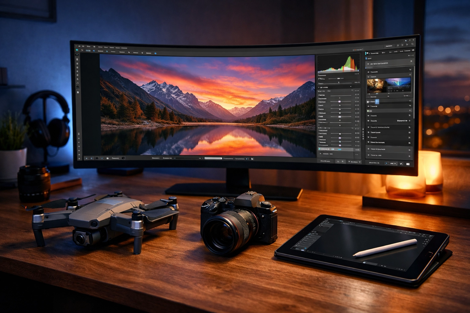 Modern photography workspace with a drone and editing gear for professional digital nomads.