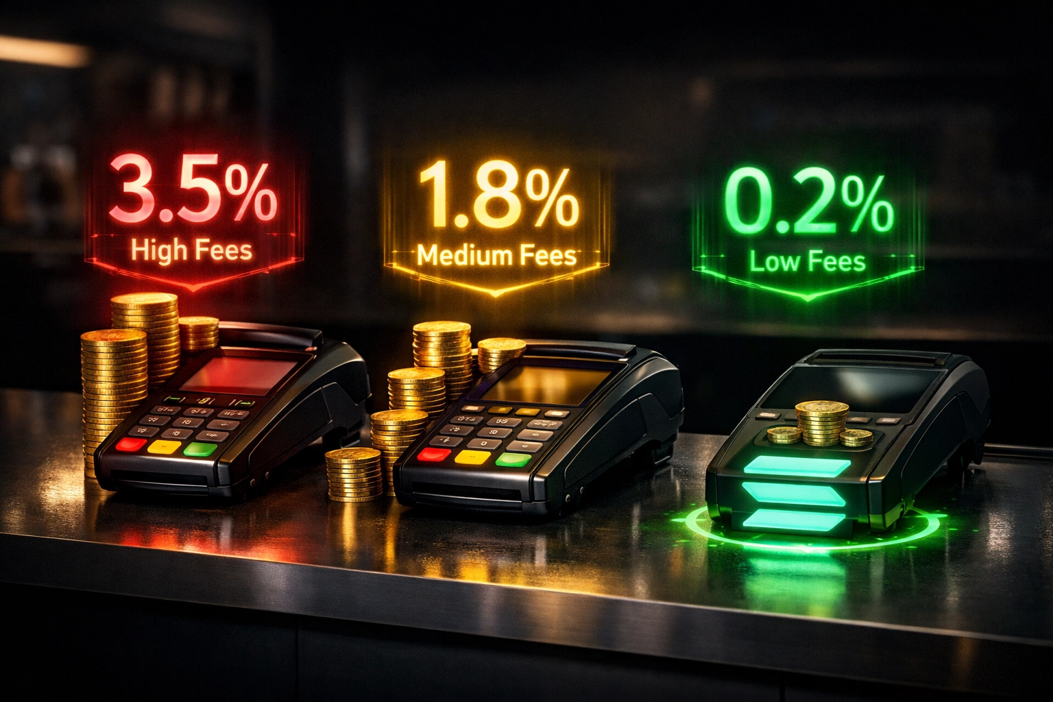 Comparison of three crypto payment terminals showing fee structures with lowest fees on Solana blockchain