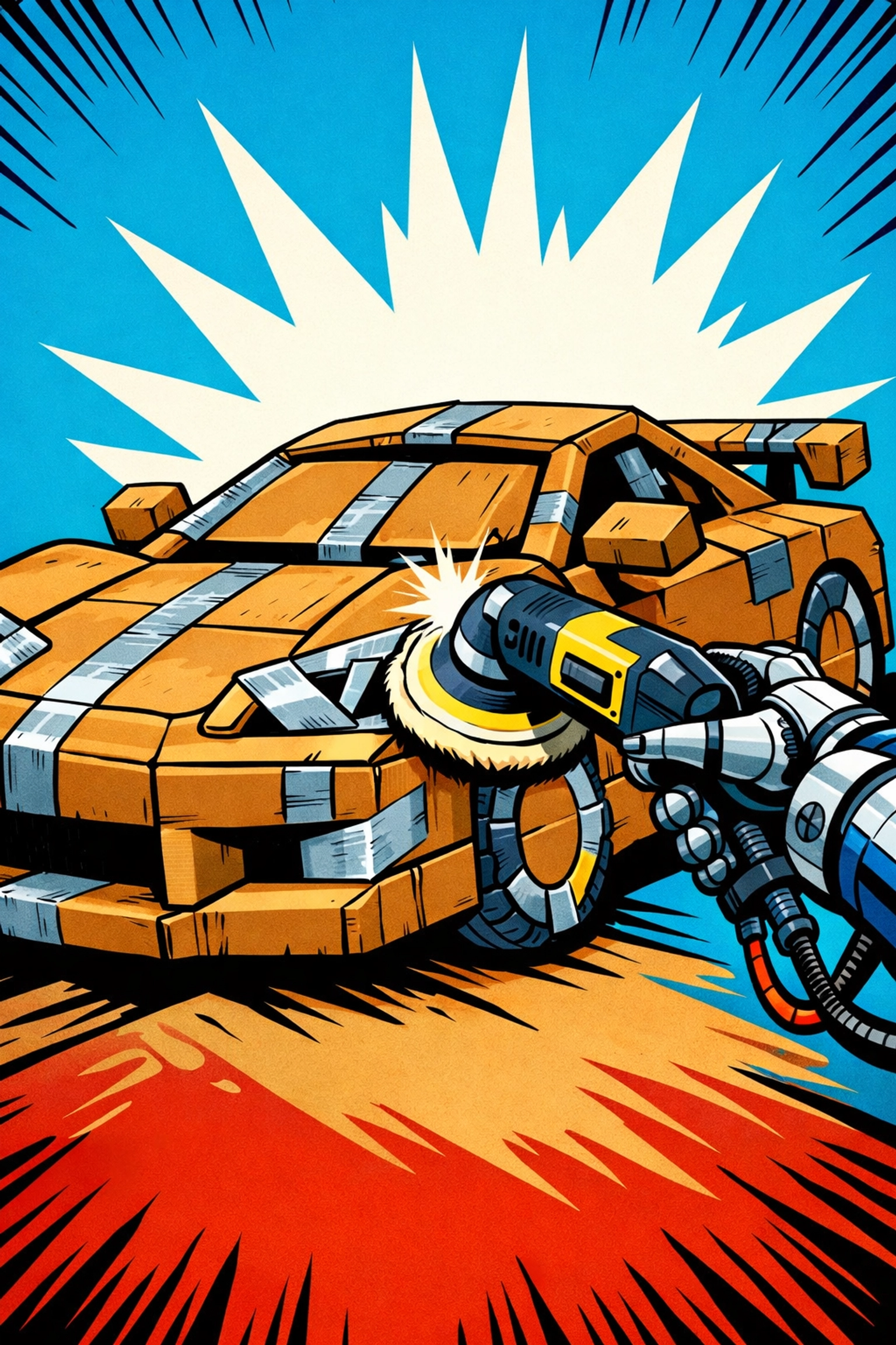 A high-tech robotic arm polishing a cardboard car, showing how AI business automation tools struggle with poor data.