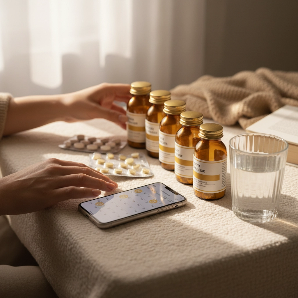 A pic of a pair of women's hands on a dining table with a beige, textured tablecloth, organizing medications. There are two blister packs of pills in front of her with five brown glass pill bottles with gold tops lined up behind them. There is a glass of water next to the bottles, and a cell phone with a screen showing a calendar sits next to her right hand. Practical Tips for Prepping with a Chronic Illness Practical Tips for Prepping with a Chronic Illness 