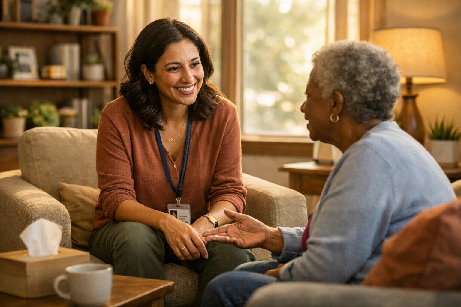 Healthcare provider meeting with patient in comfortable trauma-responsive care setting