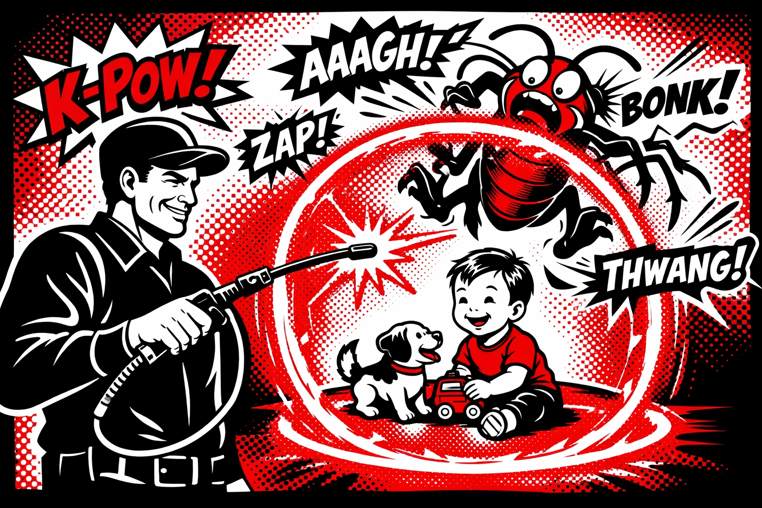 Safe, pet-friendly pest control shield protecting a toddler and dog from household insects.