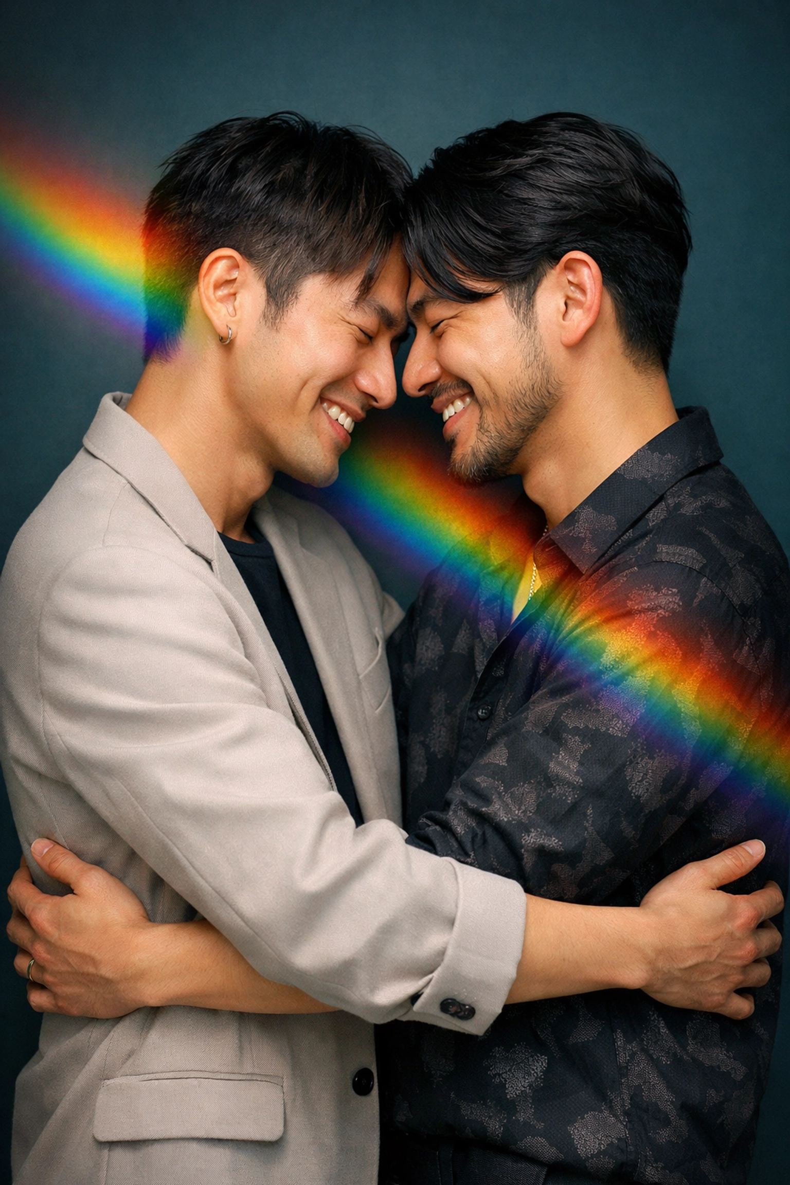 A modern Japanese gay couple embracing with a rainbow light effect, celebrating LGBTQ+ pride and legacy.