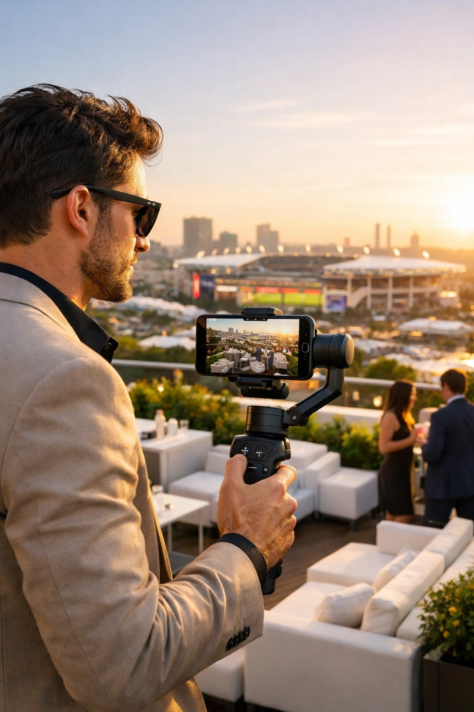 Professional content creator filming a brand activation at a luxury rooftop event during Super Bowl week.