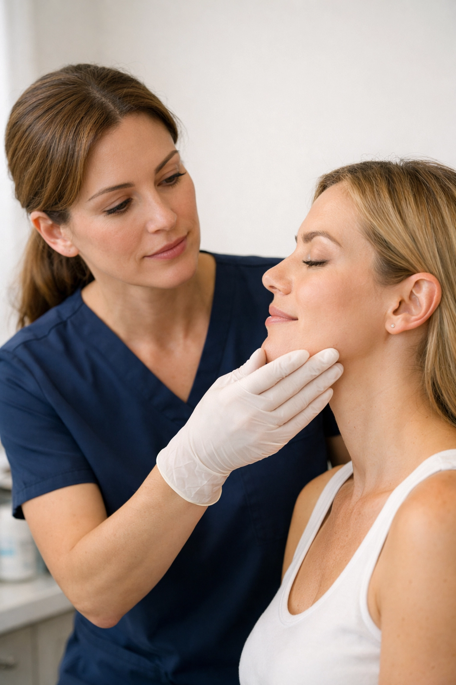 Profile balancing consultation: practitioner assessing patient's chin and jawline for facial harmony