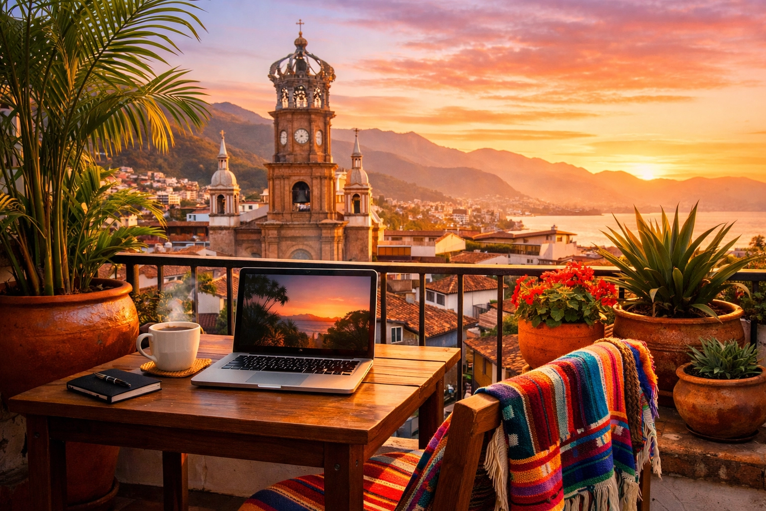 Digital nomad workspace on balcony in Puerto Vallarta Old Town with mountain views
