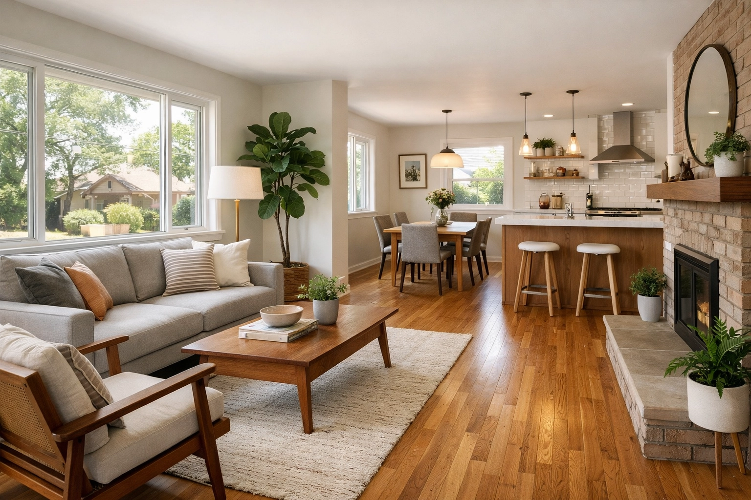 Renovated mid-century Denver home interior with hardwood floors and natural light