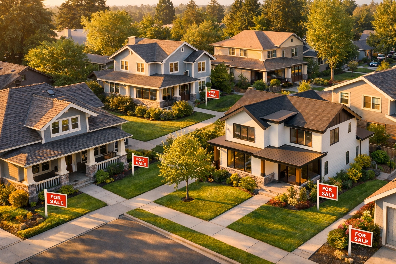 Suburban neighborhood with multiple homes for sale showing growing housing inventory in 2026